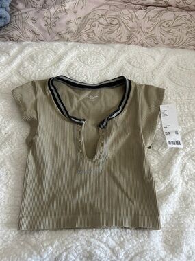 Urban Outfitters Olive Ribbed Henley Crop Top with Contrast Trim
